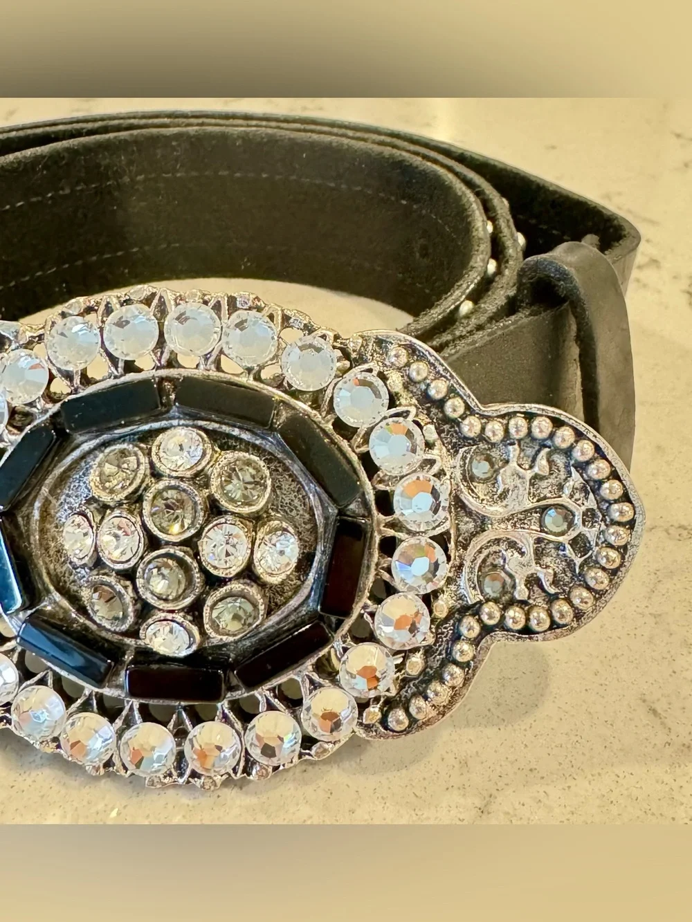 Vintage Leatherrock Studded Black Leather Belt Crystal Buckle Size 36